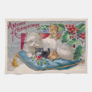 Vintage Christmas Cat with Kittens Merry Christmas Tea Towel