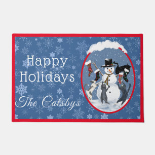 Vintage Christmas Cats and Snowman Custom Doormat