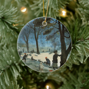 Vintage Christmas, Central Park in Winter Glackens Ceramic Ornament