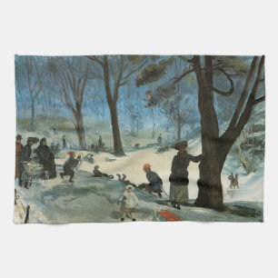 Vintage Christmas, Central Park in Winter Glackens Tea Towel