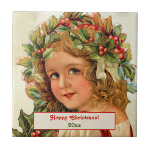 Vintage Christmas Child Holly Leaves in Her Hair Ceramic Tile