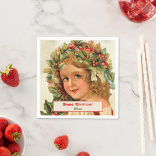 Vintage Christmas Child Holly Leaves in Her Hair Napkin