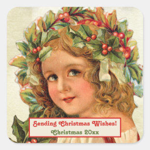 Vintage Christmas Child Holly Leaves in Her Hair Square Sticker