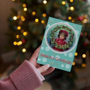 Vintage Christmas  Child - Holly Wreath Postcard