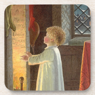 Vintage Christmas, Child Warming by the Fireplace Coaster