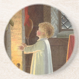 Vintage Christmas, Child Warming by the Fireplace Coaster