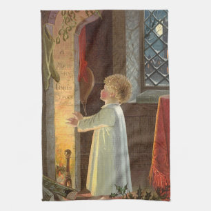 Vintage Christmas, Child Warming by the Fireplace Tea Towel