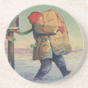 Vintage Christmas, Child with Large Package Coaster