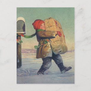 Vintage Christmas, Child with Large Package Holiday Postcard