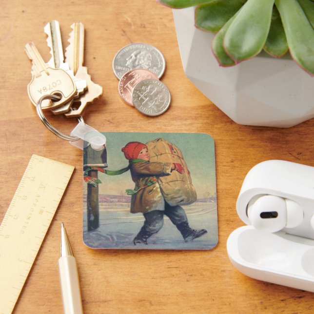 Vintage Christmas, Child with Large Package Key Ring (Desk)