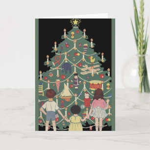 Vintage Christmas Children Around a Decorated Tree Holiday Card