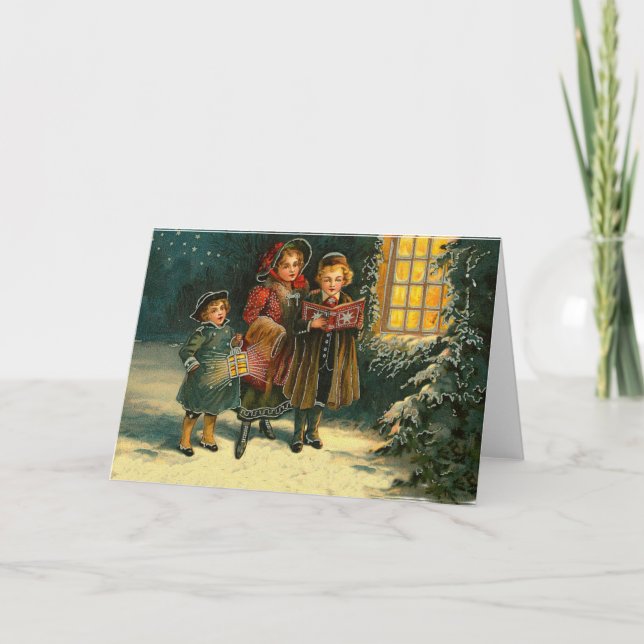 Vintage Christmas children carol singers Holiday Card (Front)