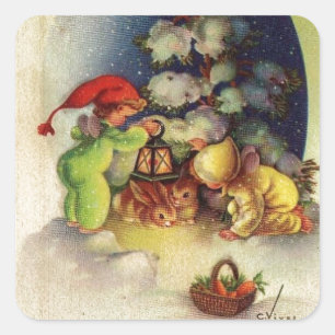 Vintage Christmas Children Feeding Bunnies Square Sticker