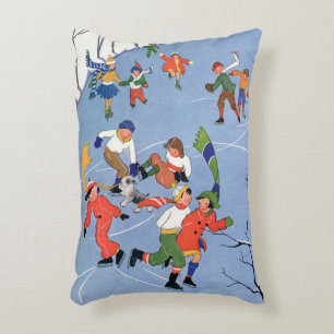 Vintage Christmas, Children Ice Skating on a Lake Decorative Cushion