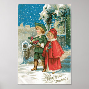 Vintage Christmas Children in the Snow Poster