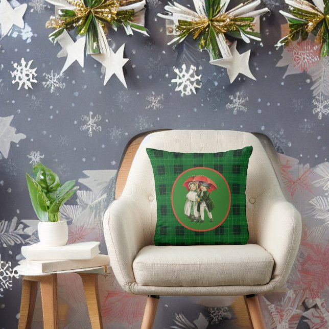 Vintage Christmas Children on Green Plaid  Cushion (Creator Uploaded)