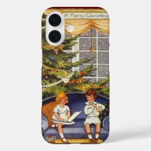 Vintage Christmas, Children Sitting on a Couch iPhone 16 Case