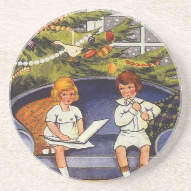 Vintage Christmas, Children Sitting on a Couch Coaster (Front)