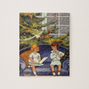 Vintage Christmas, Children Sitting on a Couch Jigsaw Puzzle