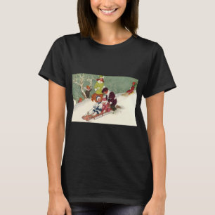 Vintage Christmas, Children Sledding in the Snow T-Shirt