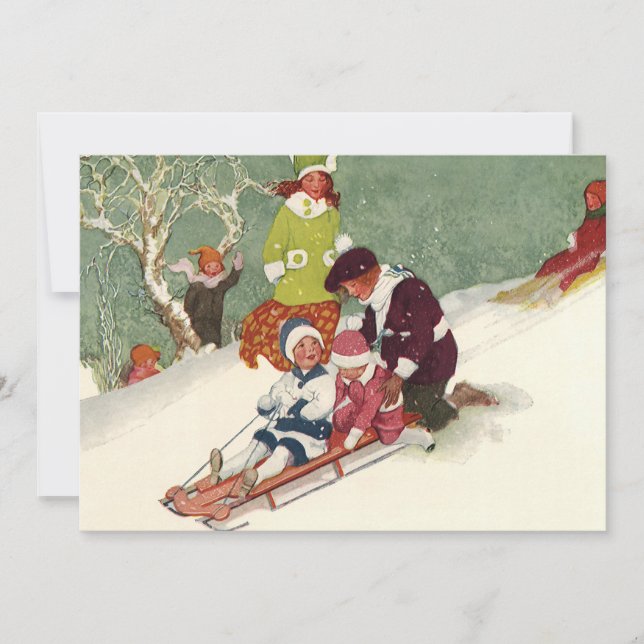 Vintage Christmas, Children Sledding Invitation (Front)