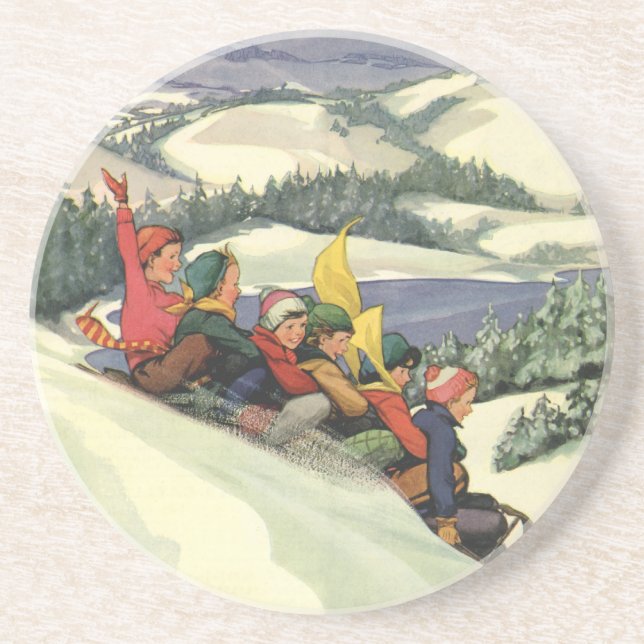 Vintage Christmas, Children Sledding on a Mountain Coaster (Front)
