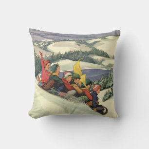 Vintage Christmas, Children Sledding on a Mountain Cushion