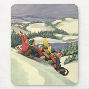 Vintage Christmas, Children Sledding on a Mountain Mouse Pad