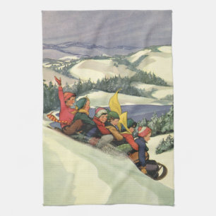 Vintage Christmas, Children Sledding on a Mountain Tea Towel