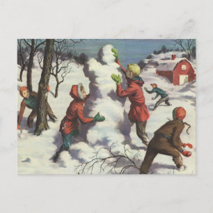 Vintage Christmas, Children Snowball Fight Holiday Postcard