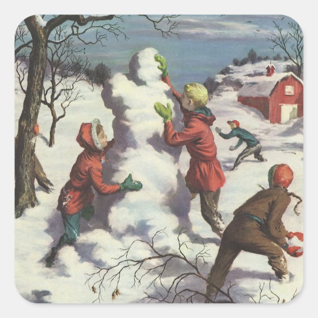 Vintage Christmas, Children Snowball Fight Square Sticker (Front)