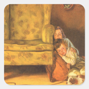 Vintage Christmas Children Waiting for Santa Claus Square Sticker