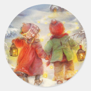 Vintage Christmas children Walking In The Snow Classic Round Sticker