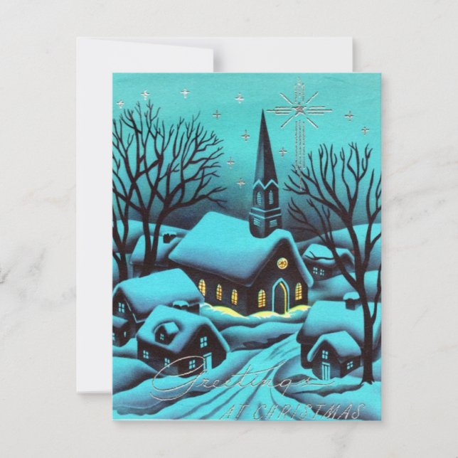 Vintage Christmas Church At Night Holiday Card (Front)