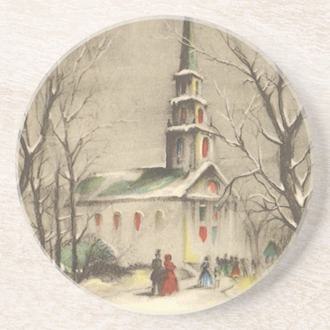 Vintage Christmas, Church in Winter Snowscape Coaster (Front)