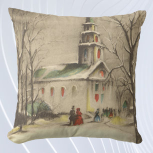 Vintage Christmas, Church in Winter Snowscape Cushion