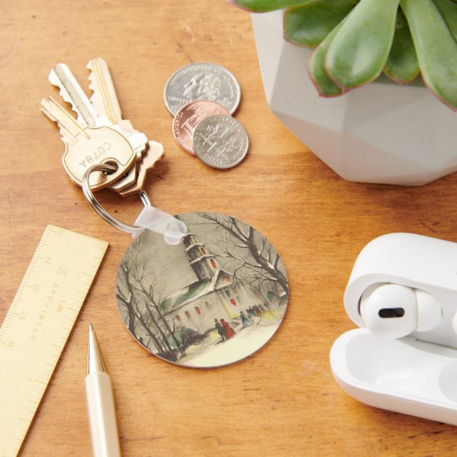 Vintage Christmas, Church in Winter Snowscape Key Ring (Desk)