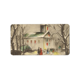 Vintage Christmas, Church in Winter Snowscape Label