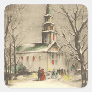 Vintage Christmas, Church in Winter Snowscape Square Sticker