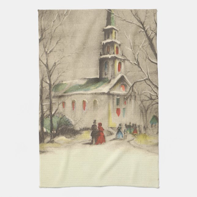 Vintage Christmas, Church in Winter Snowscape Tea Towel (Vertical)
