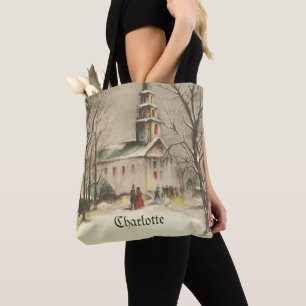 Vintage Christmas, Church in Winter Snowscape Tote Bag