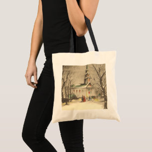Vintage Christmas, Church in Winter Snowscape Tote Bag