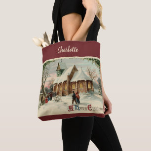 Vintage Christmas Church Parishioners at Dawn Mass Tote Bag
