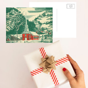 Vintage Christmas Church, Snowscape in Winter Holiday Postcard
