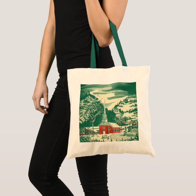 Vintage Christmas Church, Snowscape in Winter Tote Bag (Front (Product))