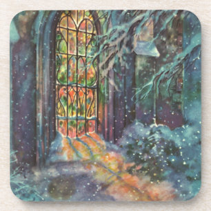 Vintage Christmas Church with Stained Glass Window Coaster