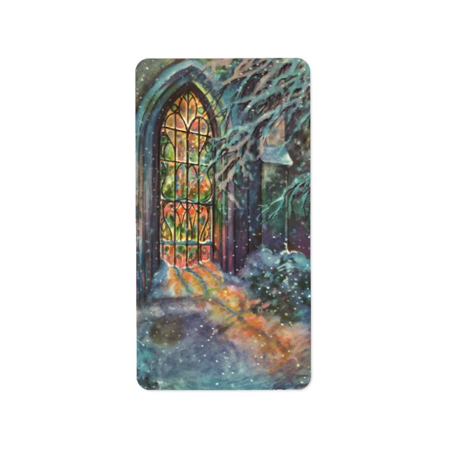 Vintage Christmas Church with Stained Glass Window Label (Front)