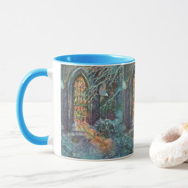 Vintage Christmas Church with Stained Glass Window Mug (With Donut)