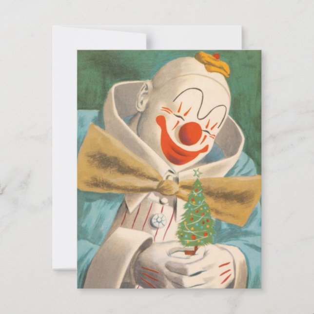 Vintage Christmas Clown Holding Tree Holiday Card (Front)