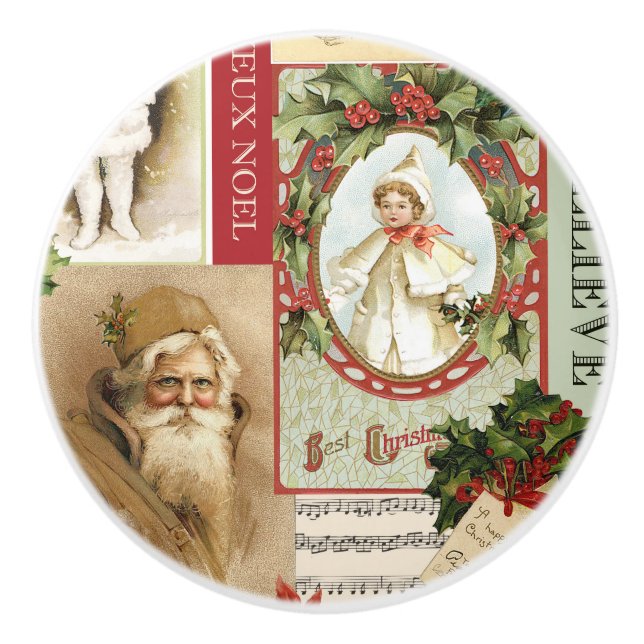 VINTAGE CHRISTMAS COLLAGE CERAMIC KNOB (Front)
